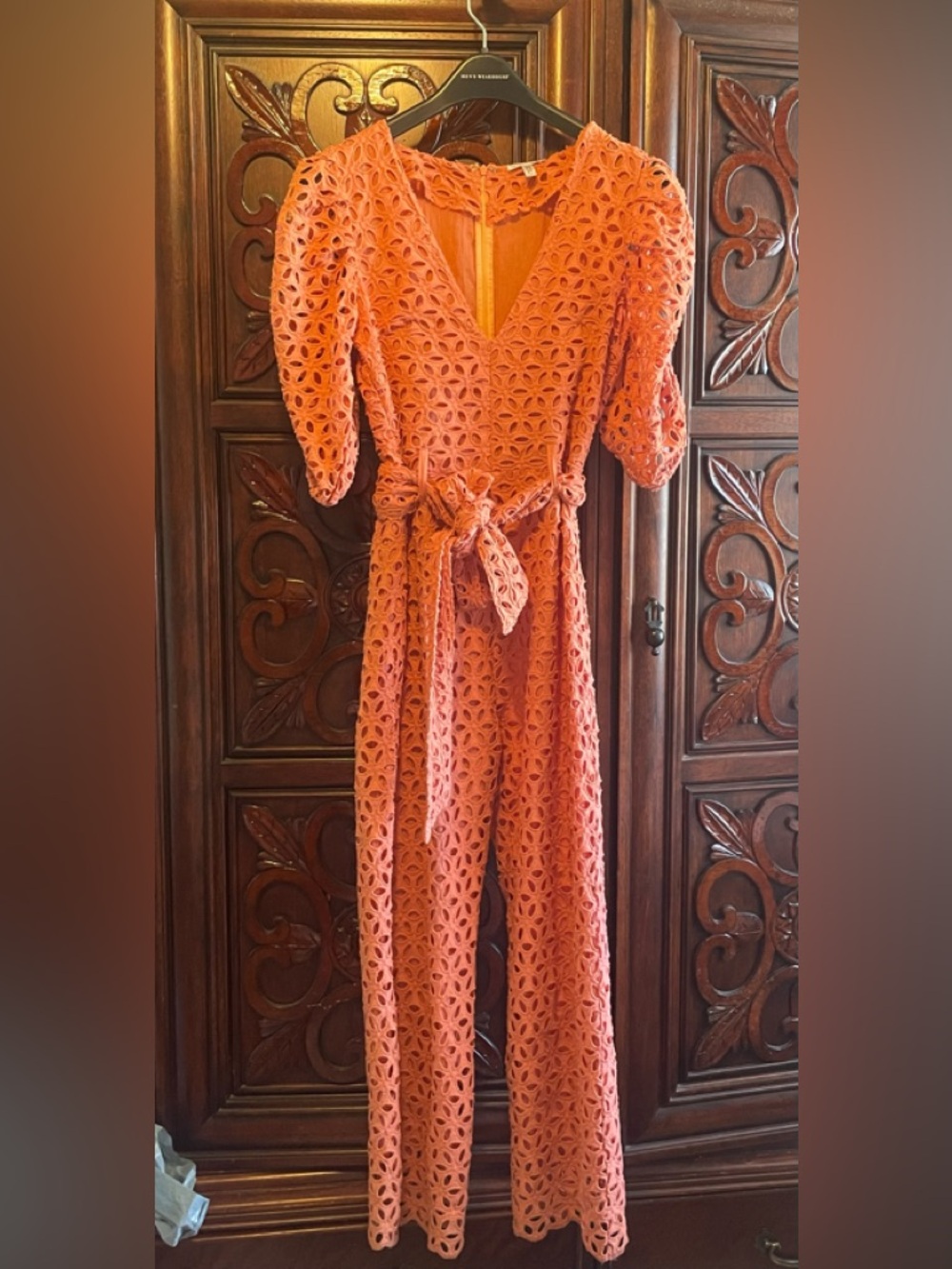 Women's Orange Lace Eyelet Jumpsuit with Belt